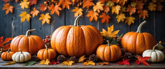 Autumn seasonal display with pumpkins in various sizes surrounded by colorful fall leaves and pinecones on rustic wooden table