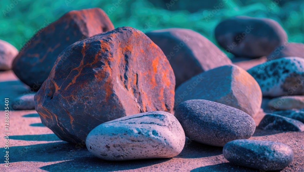 Poster colorful assortment of smooth and rough rocks scattered on a surface with vibrant lighting and shado