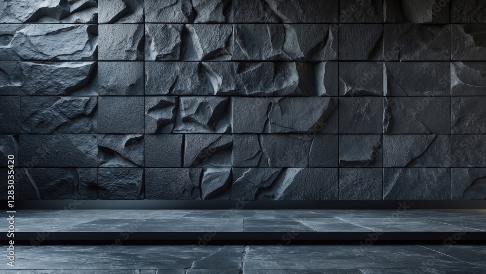 Poster Textured black stone wall with deep relief patterns ideal for showcasing design elements and creating a dramatic backdrop in visuals.