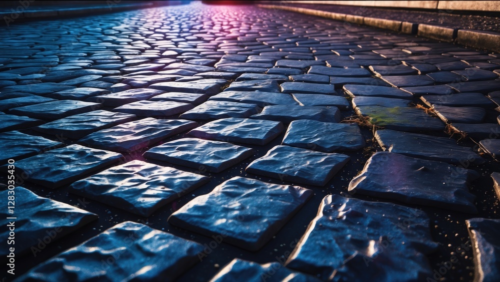 Aufkleber Black textured paving stones on a surface creating a unique road pattern illuminated by soft ambient light.