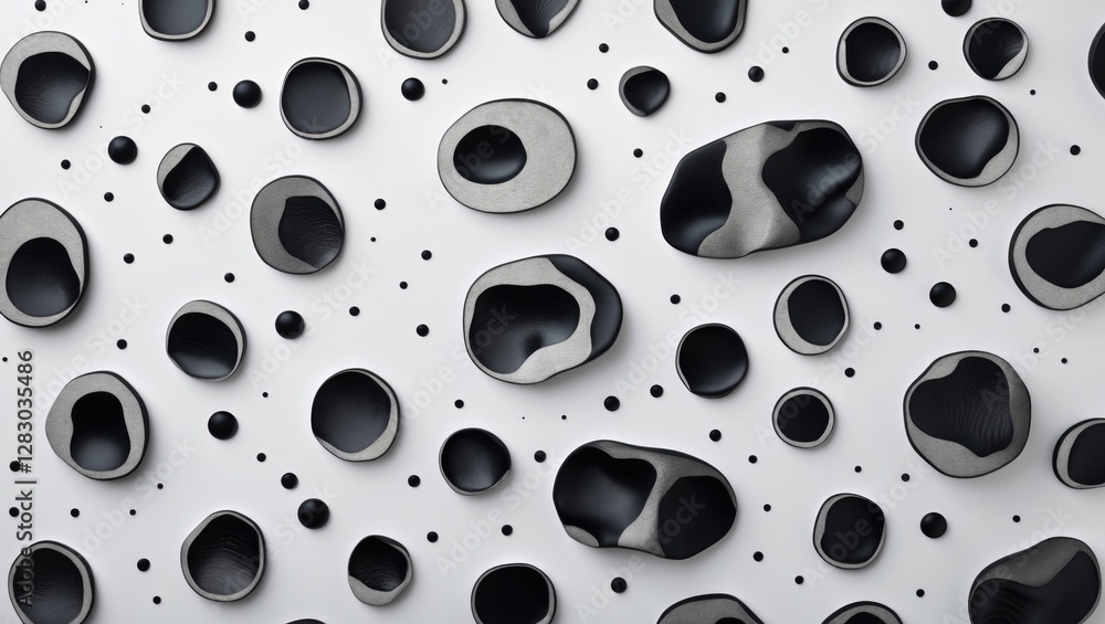 Poster Abstract textured pattern of black and gray shapes on a white background creating a modern design aesthetic for art and interior decor.