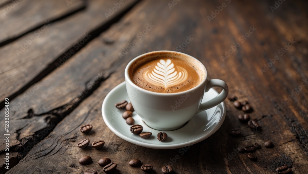 Poster cup of latte with leaf design on frothy surface placed on wooden table with scattered coffee beans a
