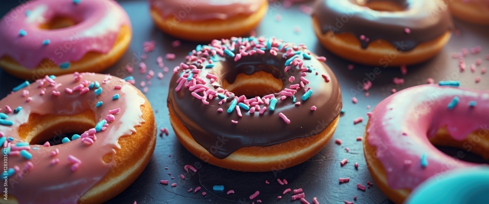 Poster assorted iced doughnuts with colorful sprinkles on a dark surface in a close-up view.