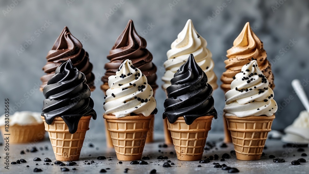 Poster assorted ice cream cones with black, chocolate, and vanilla swirls topped with sprinkles arranged on