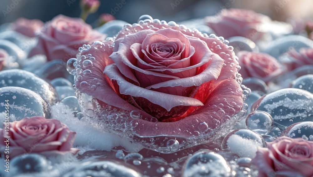 Poster close-up of pink roses surrounded by bubbles and water droplets on a reflective surface with soft ba