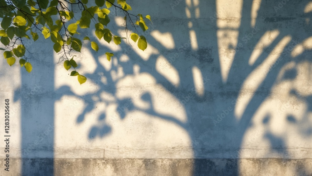 Poster tree shadow cast on textured wall with green leaves in sunlight creating an organic pattern on a sur