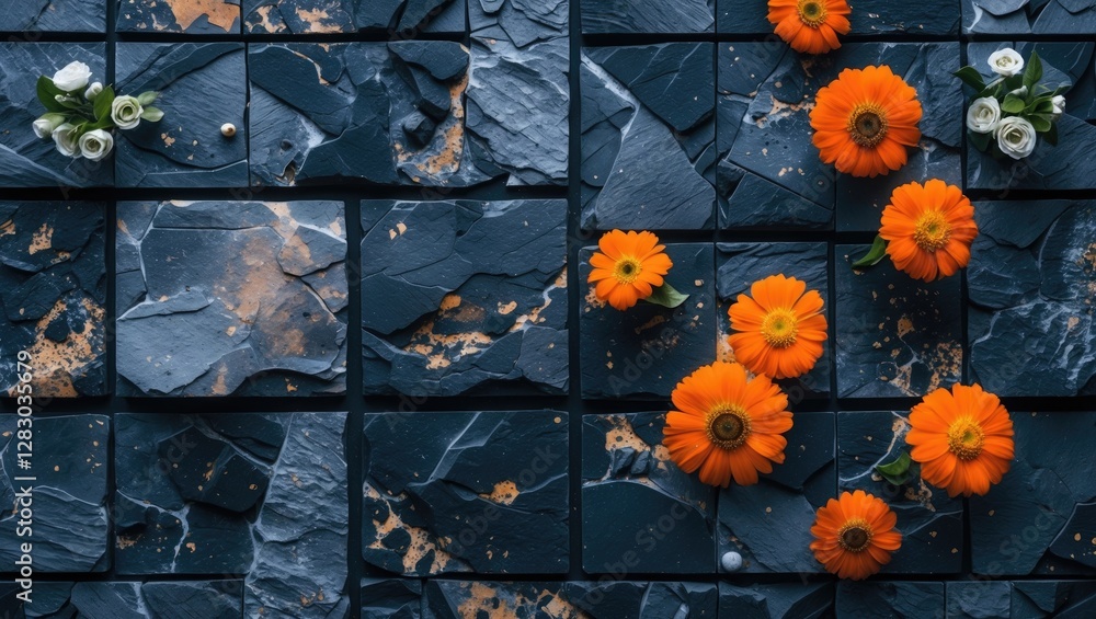 Poster black sandstone floor tiles with vibrant orange flowers creating a striking contrast in a seamless t