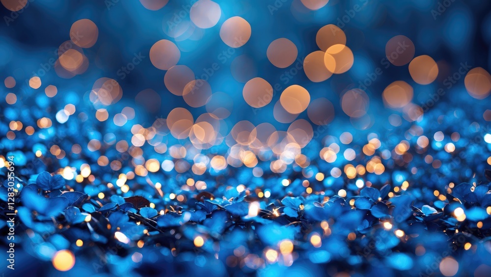 Poster blue and orange bokeh lights on shimmering surface with glittering blue elements in soft focus backg
