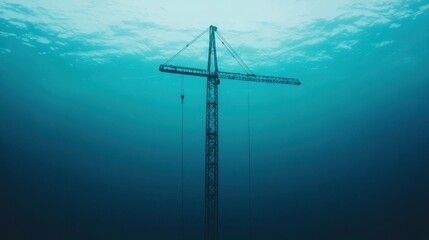 Obraz premium Cranes working the ocean for energy industrial concept. Silhouetted Industrial Cranes Assembling Underwater Infrastructure Project