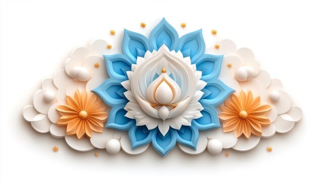 Beautiful flower design with delicate blue and white petals and orange accents on a white background isolated. Generative AI