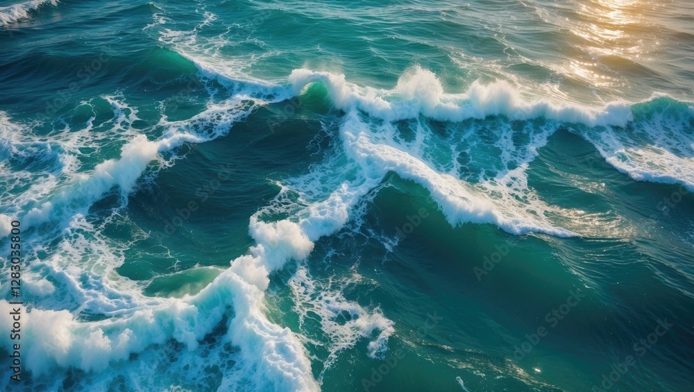 Poster aerial view of ocean waves with white foam under sunlight creating patterns on the water surface in 