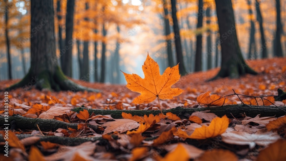 Poster close-up view of a vibrant orange maple leaf on the ground surrounded by autumn foliage in a forest 