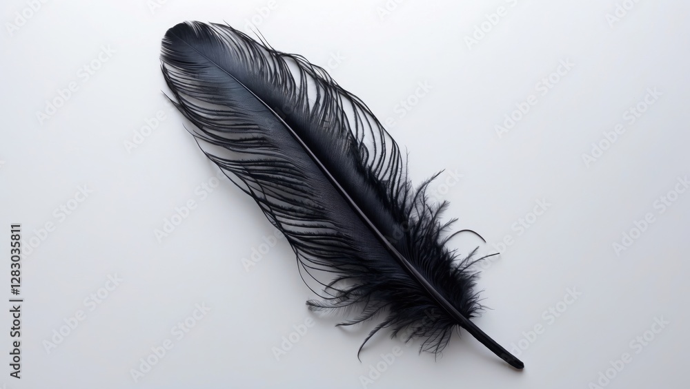Poster elegant black feather isolated on clean white background showcasing fine details and texture perfect