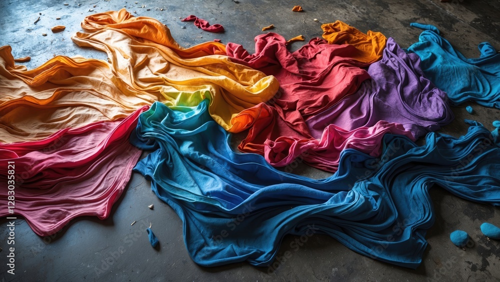 Poster colorful fabric swatches arranged on a textured surface creating a vibrant wave-like pattern of flow