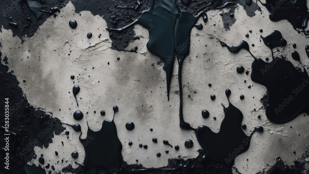 Aufkleber black paint splatters on textured gray concrete surface creating an abstract art background with a m