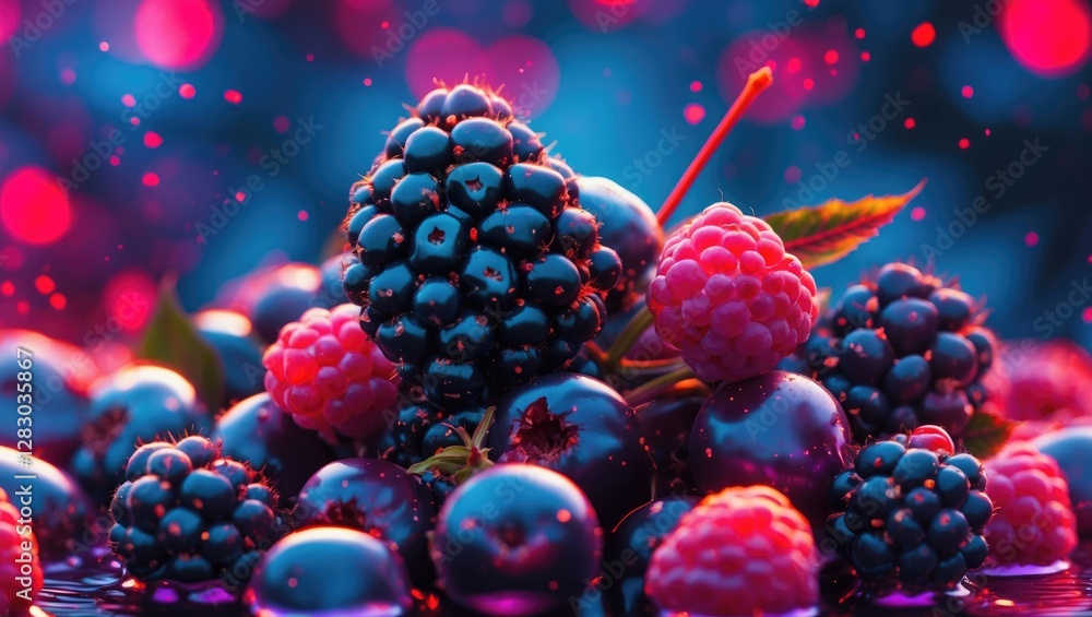 Poster vibrant close-up of blackberries and raspberries with bokeh effect, highlighting fresh berries in a 