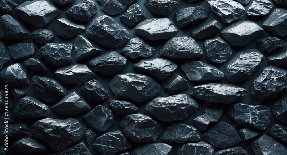 Leinwandbilder Textured black stone background with varied shapes and sizes ideal for design and creative projects. Natural rock surface pattern.