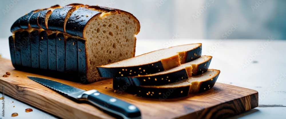 Poster freshly sliced black bread on a wooden board with a knife showcasing a blurred background and ample 