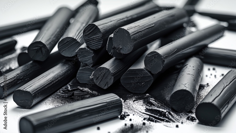 Poster compressed charcoal sticks for drawing arranged on a white background showcasing their texture and a