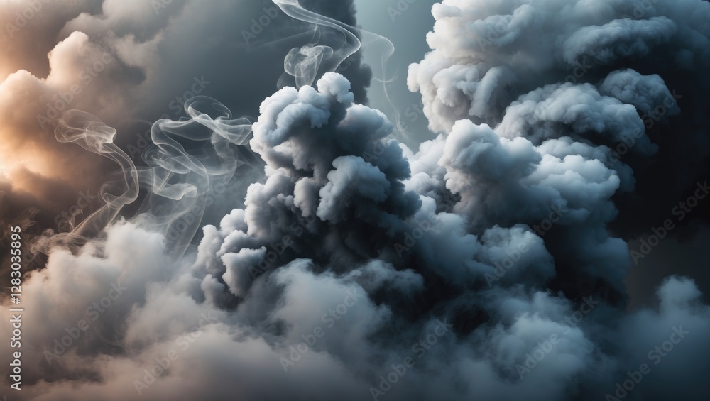 Poster Dramatic gray smoke clouds on a dark background creating a moody atmosphere suitable for artistic or atmospheric designs