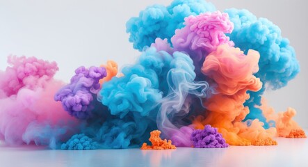 Colorful smoke clouds in vibrant pink, blue, orange, and purple against a light background creating a dynamic abstract composition