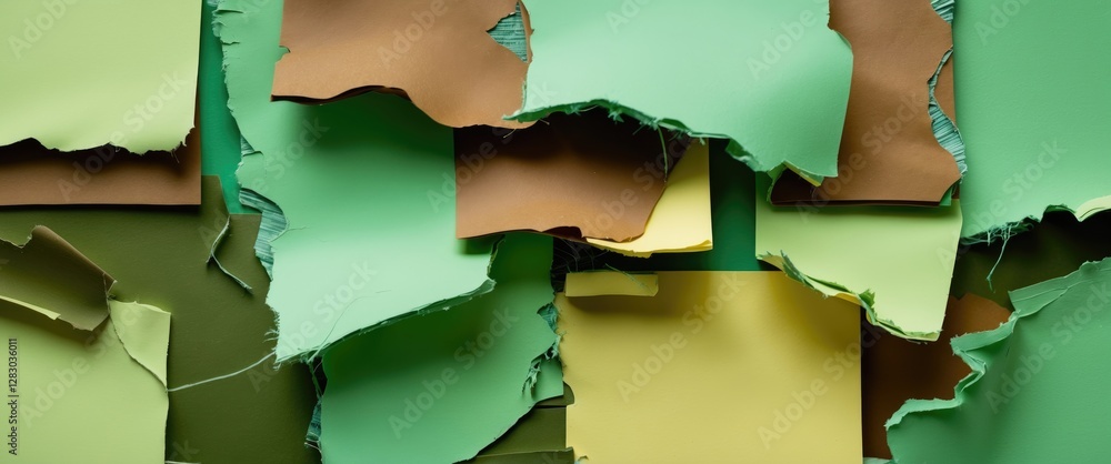 Poster colorful torn paper texture background with shades of green and brown layers arranged in a chaotic p