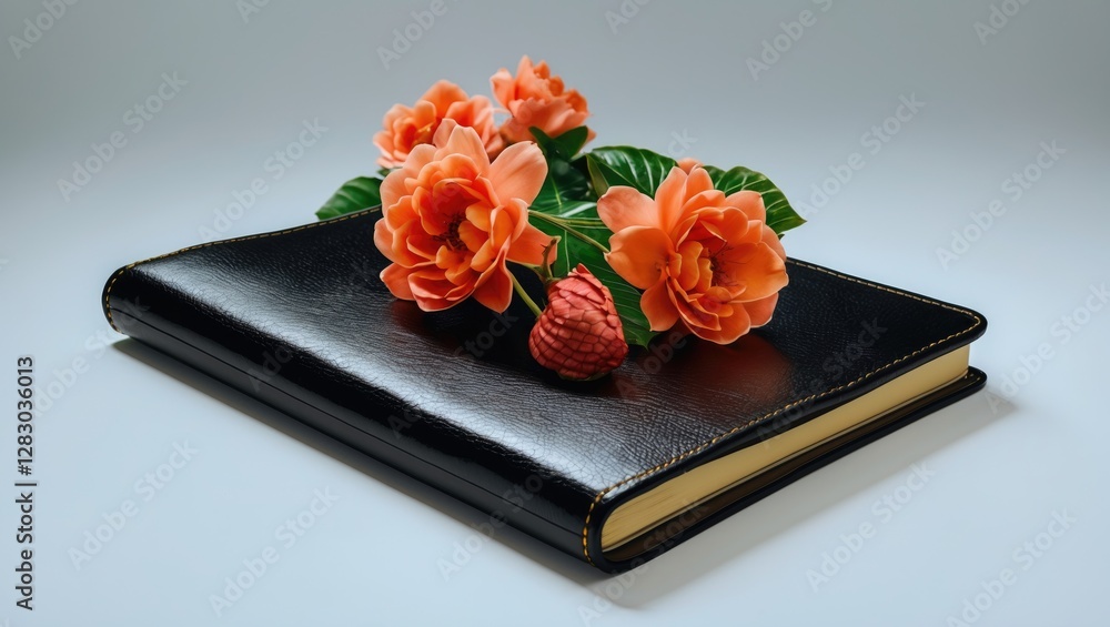 Poster Black leather notebook with peach flowers and a red raspberry on a white backdrop showcasing elegance and creativity in stationery design.