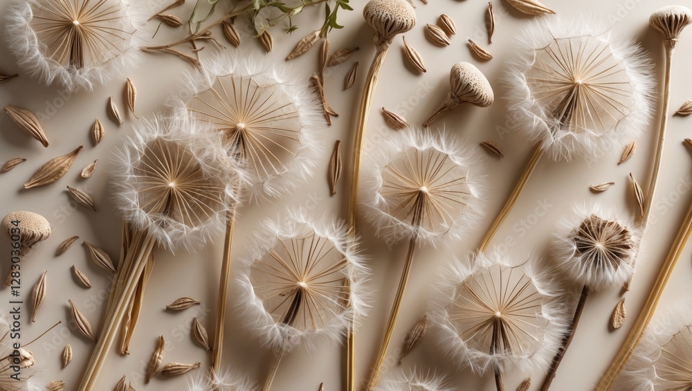 Poster dandelion seeds and dried flowers arranged on a flat surface with natural textures and colors in a m