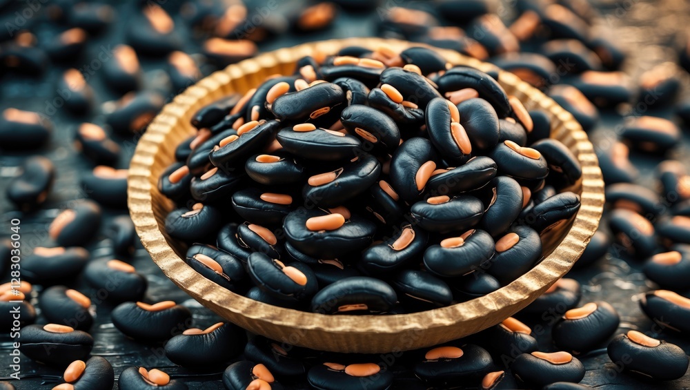Poster black beans in a wooden bowl surrounded by scattered beans on a rustic surface creating a rich and e