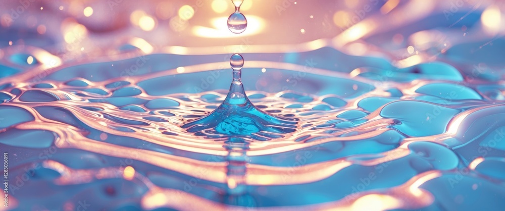 Poster abstract close-up of water droplet creating ripples in colorful liquid surface with soft focus and s