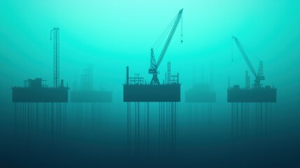 Obraz premium Cranes working the ocean for energy industrial concept. Silhouetted Offshore Construction with Towering Cranes in Moody Seascape