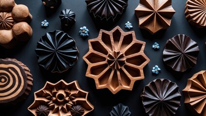 Artisan wooden cake molds displayed on a black surface showcasing intricate patterns and designs emphasizing craftsmanship and creativity.