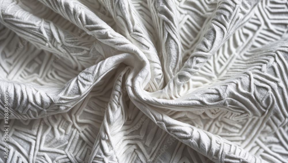 Poster white textured fabric with intricate geometric patterns folded and arranged artistically in natural 