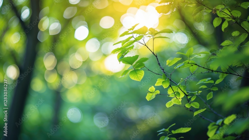 Poster bright green leaves with soft bokeh background in a lush forest during the daytime with sunlight fil