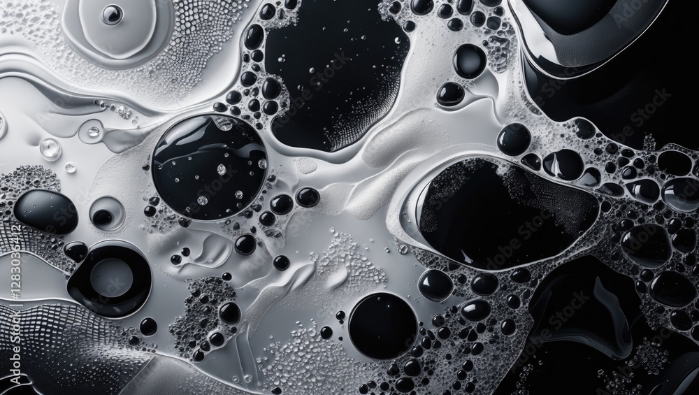Poster abstract close-up of black and white liquid with bubbles and surfaces creating texture and patterns 