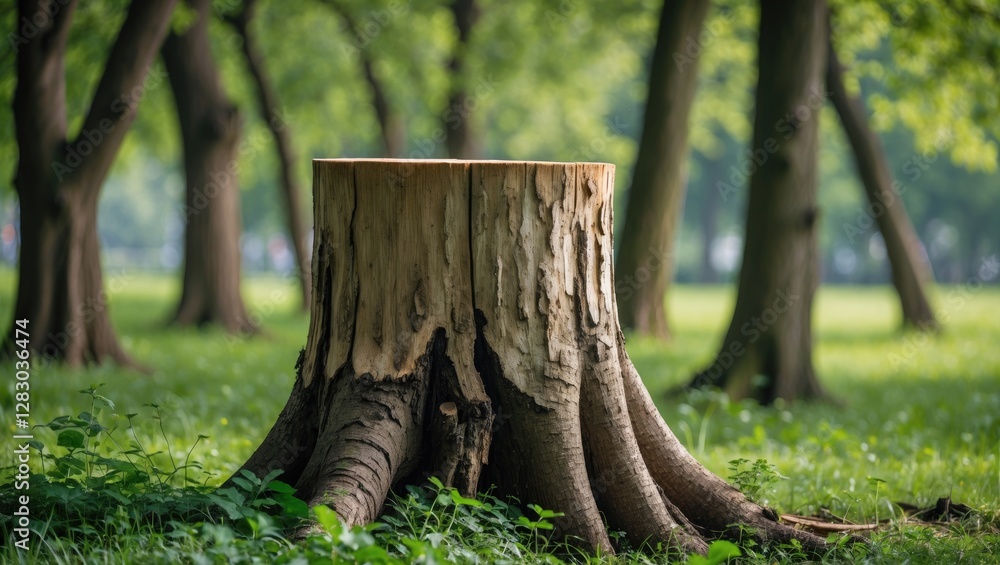 Aufkleber tree stump in a lush green forest surrounded by tall trees with a soft focus background and sunlight
