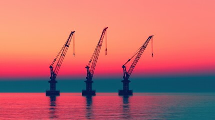 Fototapeta premium Cranes working the ocean for energy industrial concept. Silhouetted Offshore Industrial Cranes at Dramatic Sunset over the Ocean