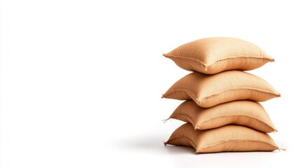 Neatly arranged burlap sacks stacked in a pile on a clean white background. Generative AI