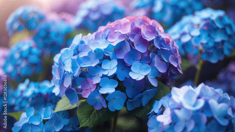 Wall mural Blue and purple hydrangea flowers in soft focus with dreamy background, showcasing natural beauty and delicate color variations.