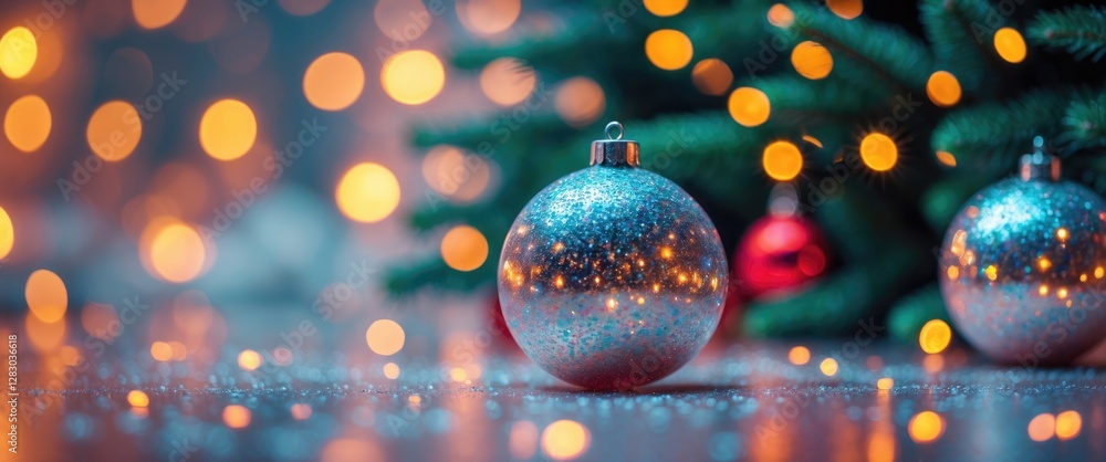 Poster sparkling christmas ornament on a festive pine tree background with warm bokeh lights creating a mag