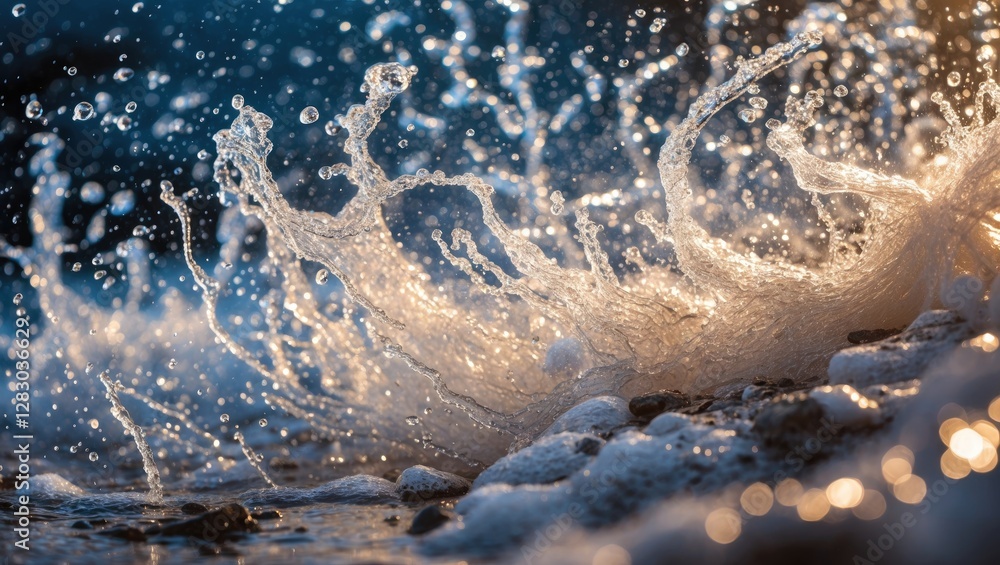 Poster close-up of ocean wave crashing on rocks creating splashes and bubbles with sunlight reflecting off 