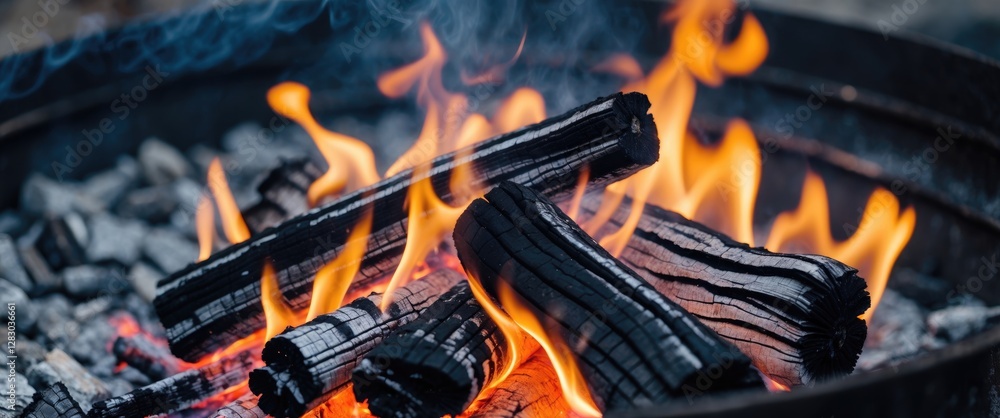 Poster charcoal burning with flames in a fire pit creating warm ambiance and text space for overlay message