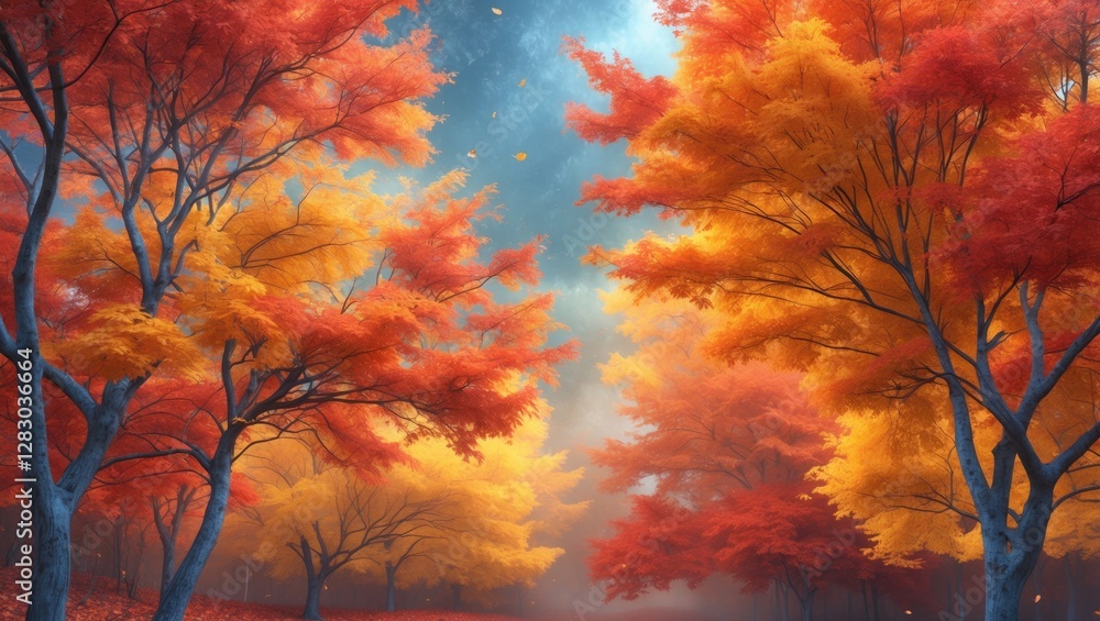 Poster autumn forest scene with vibrant orange and red foliage illuminated by soft light and misty atmosphe