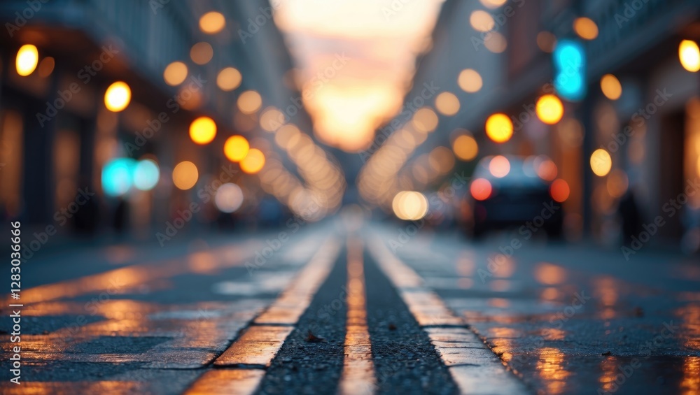 Poster bokeh street scene with glowing lights reflections on wet pavement at dusk creating a dreamy atmosph