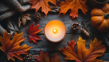 Cozy autumn scene featuring a lit candle surrounded by colorful leaves, pine cones, and a small pumpkin on a rustic wooden table.