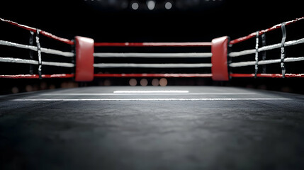 Dramatic Empty Boxing Ring With Red Corner Posts and White Ropes Under Spotlight