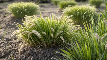 Green grass-like plants with flowering spikes growing in soil during daylight in a natural outdoor setting.