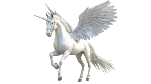Majestic white unicorn with wings in flight