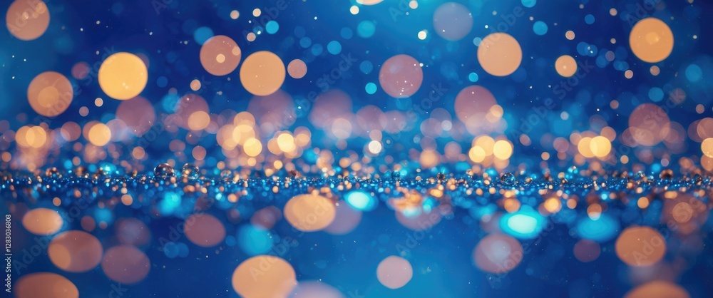 Poster blue and orange bokeh lights abstract background with reflections and glittering particles in a soft