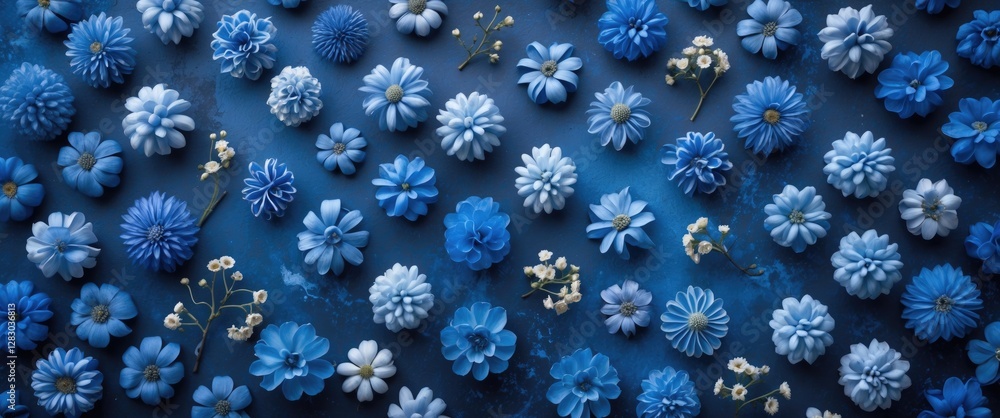 Poster blue floral pattern with diverse textures and arrangements for background design and artistic applic